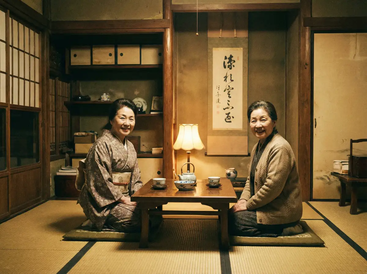 两位优雅的 阿黑颜母狗 在日式茶室中品茶交谈